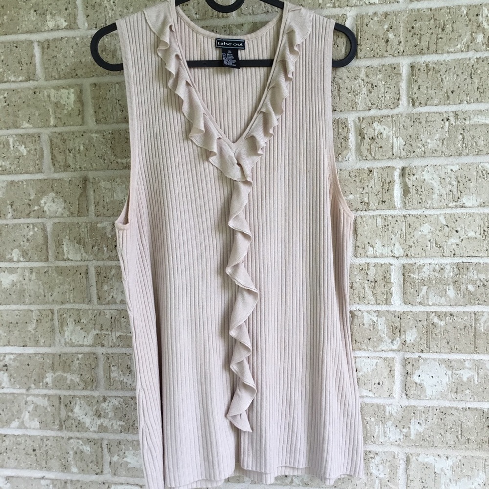 Vintage Takeout Beige Ribbed Ruffle Tank Top Knit Y2K V-neck